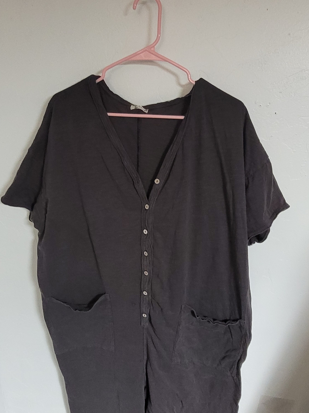 FP Relaxed Button-Front Short Sleeve Jumpsuit in Dark Gray